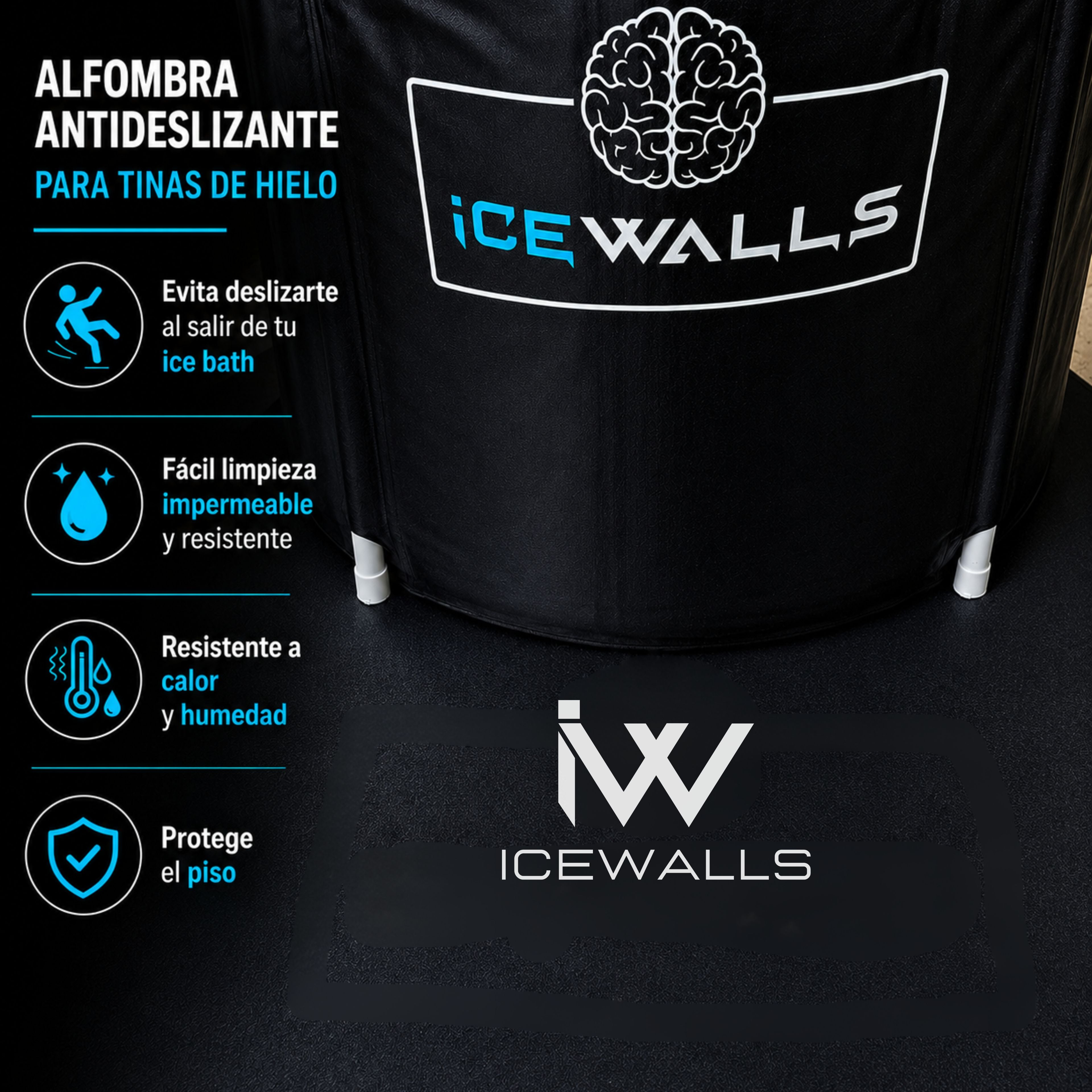Alfombra antideslizante para tinas de hielo Ice Walls, impermeable y resistente al calor y la humedad. Diseñada para evitar resbalones, proteger el piso y mejorar la seguridad al salir del ice bath.