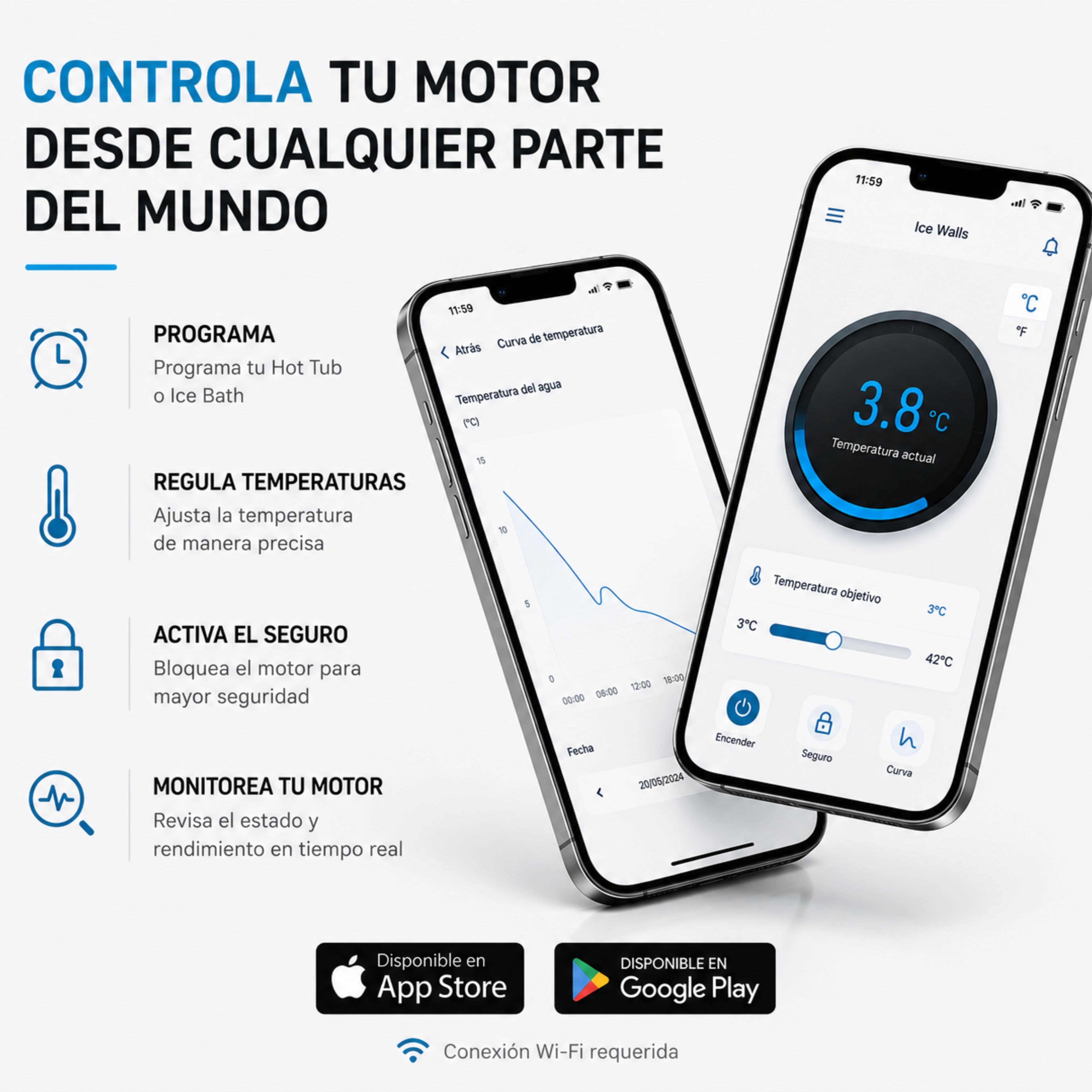 Control inteligente del motor Ice Walls desde el celular mediante Wi-Fi, con regulación de temperatura, programación y monitoreo para Ice Bath y Hot Tub.