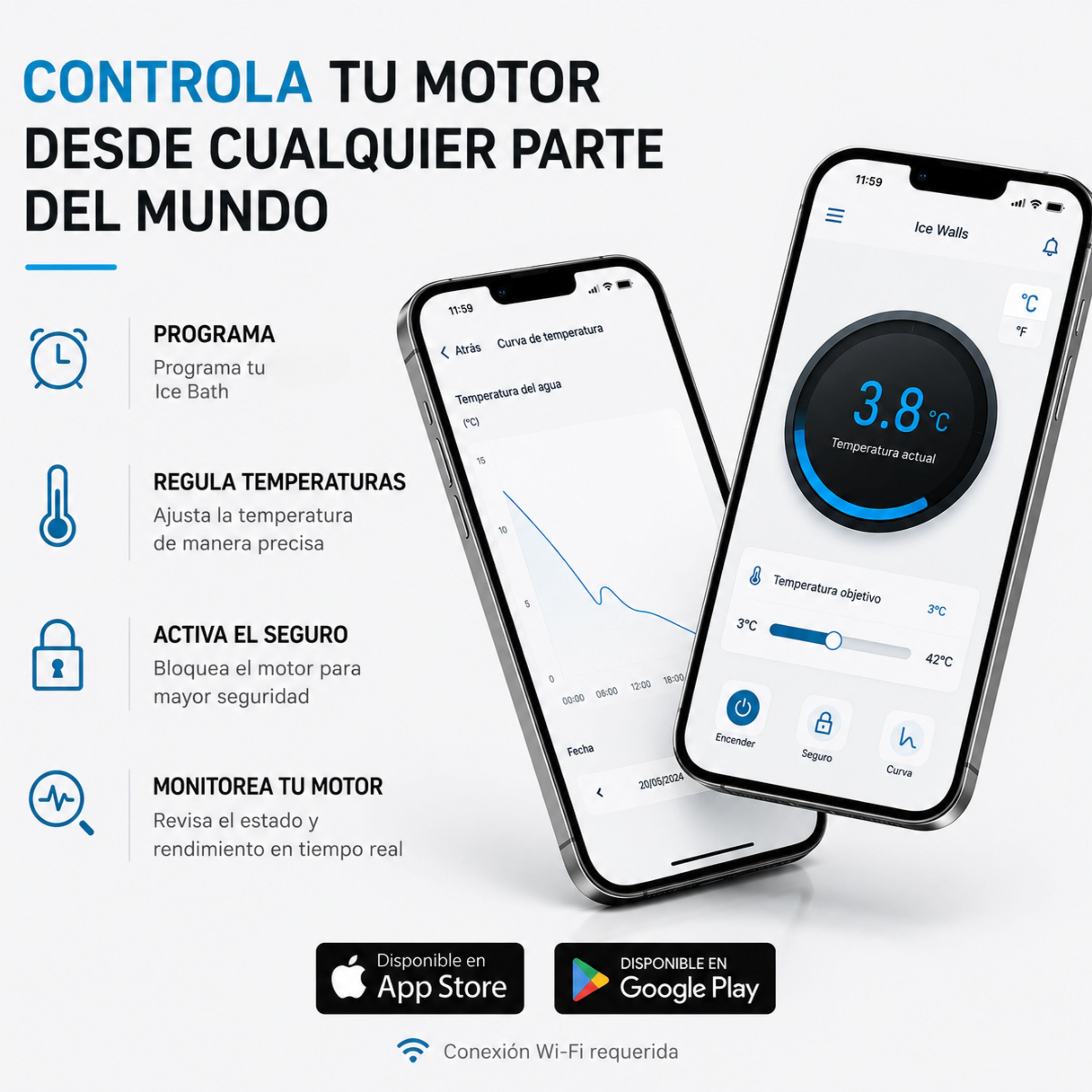 Control inteligente Ice Walls para programar tu Ice Bath, regular la temperatura y monitorear el motor desde el celular mediante Wi-Fi.