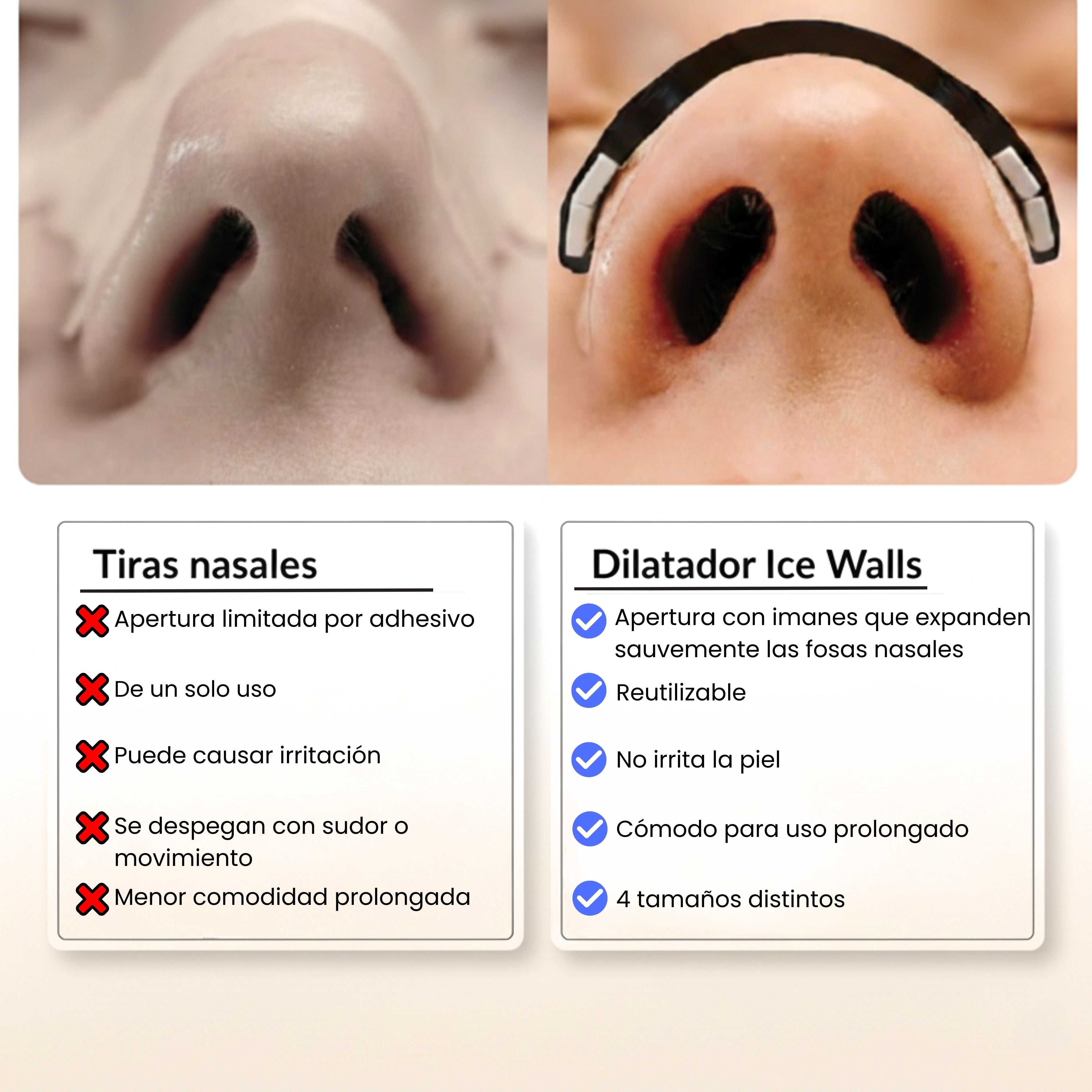 Comparación entre tiras nasales comunes y dilatador nasal magnético Ice Walls mostrando mayor apertura nasal y comodidad
