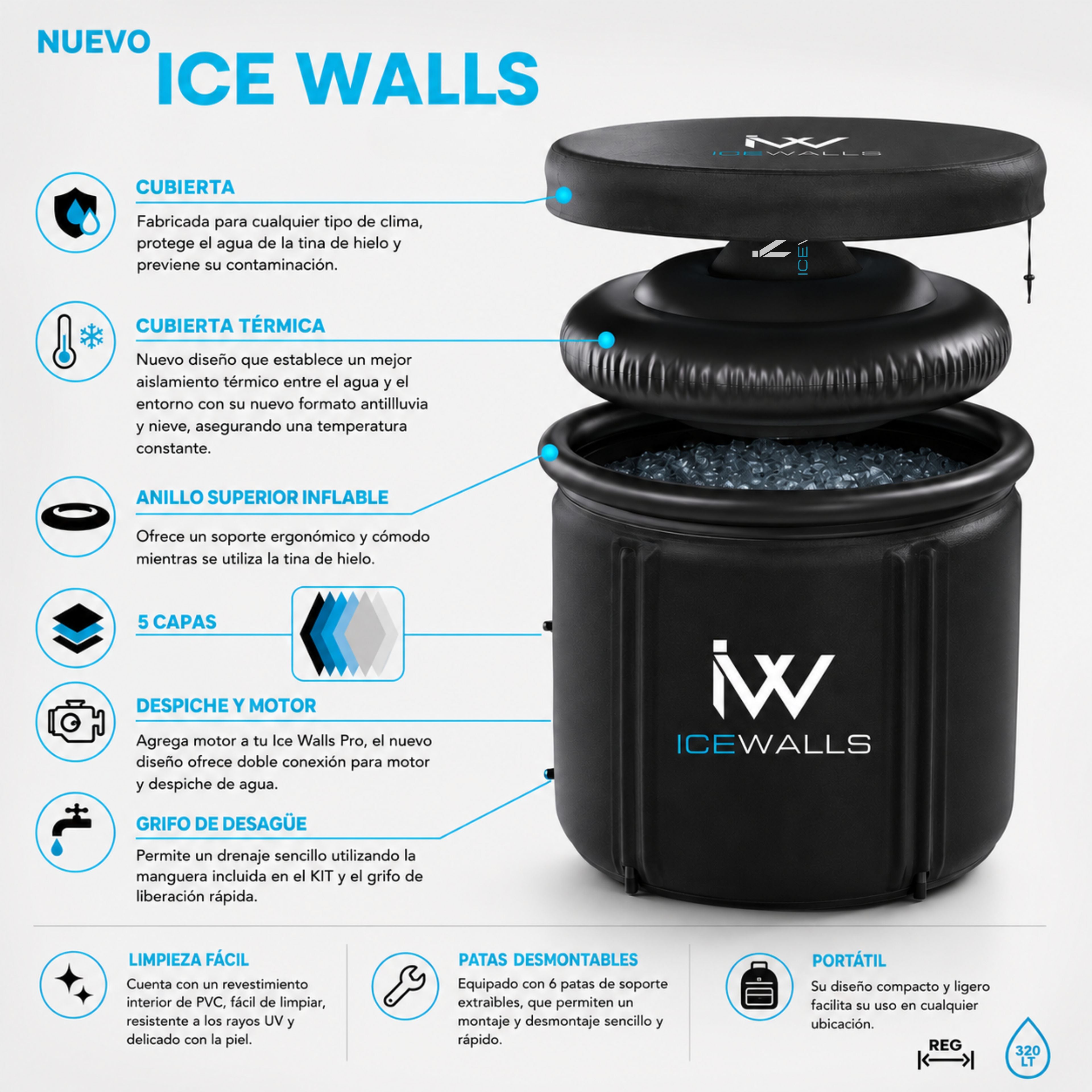 Tina de hielo portátil Ice Walls Pro utilizada para baños de agua fría