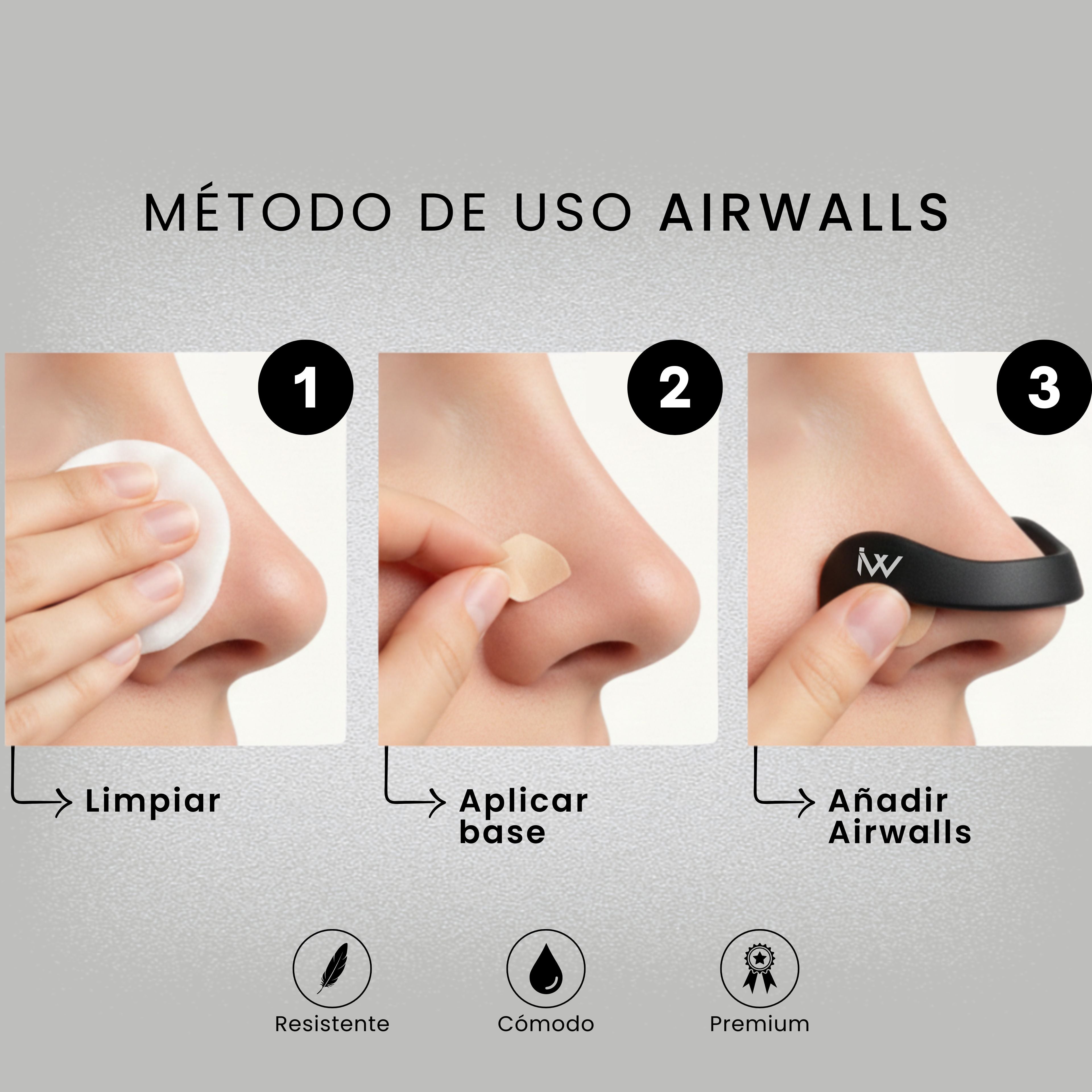 Imagen explicativa del método de uso del dilatador nasal magnético Air Walls: limpieza, aplicación de base adhesiva y colocación del dispositivo para mejorar la respiración nasal.