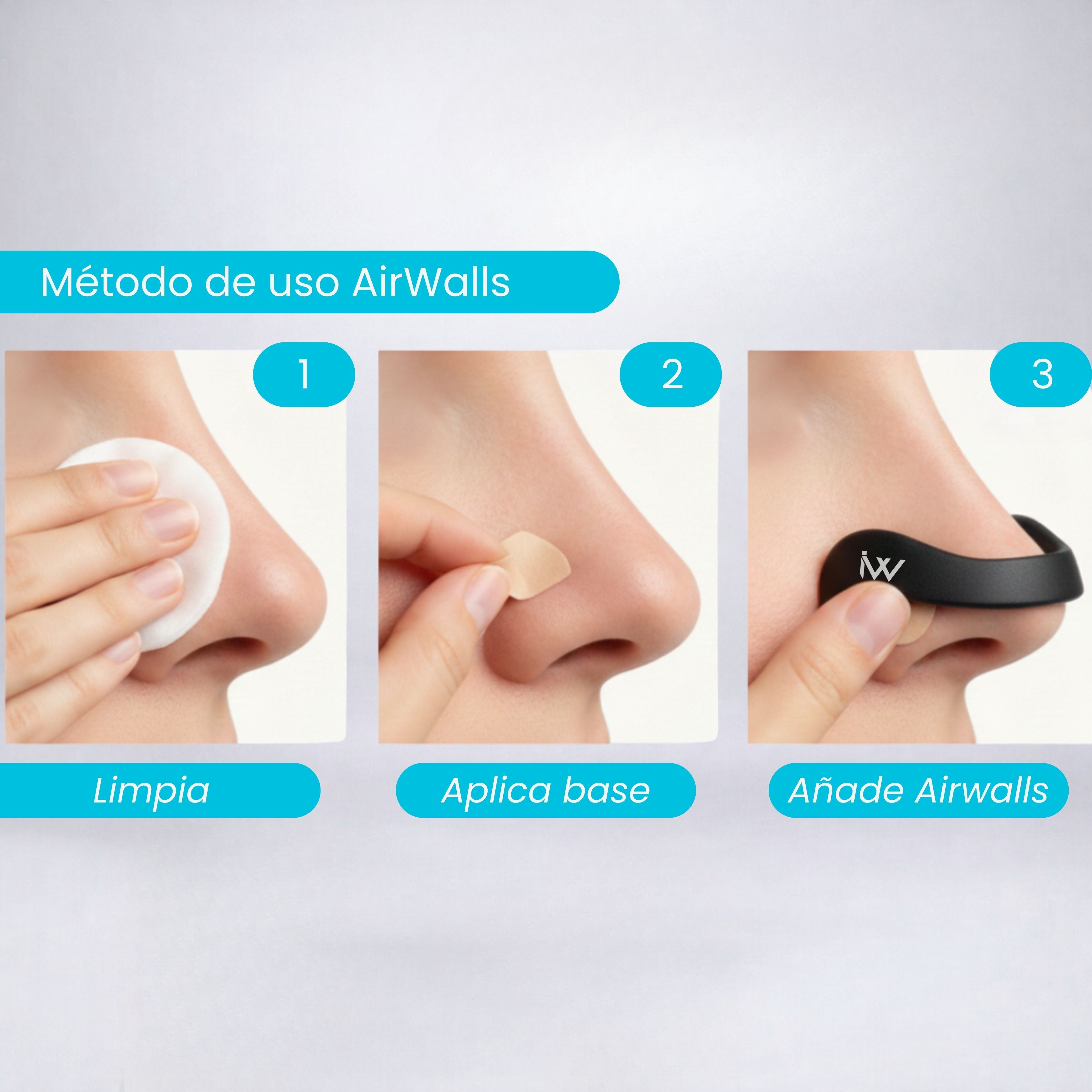 Imagen explicativa del método de uso del dilatador nasal magnético Air Walls: limpieza, aplicación de base adhesiva y colocación del dispositivo para mejorar la respiración nasal.