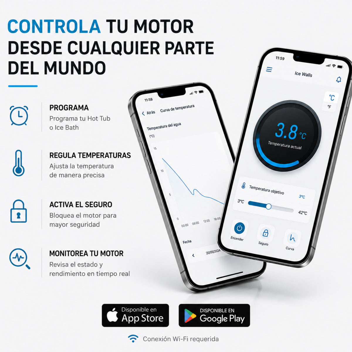 Control inteligente del motor Ice Walls desde el celular mediante Wi-Fi, con regulación de temperatura, programación y monitoreo para Ice Bath y Hot Tub.