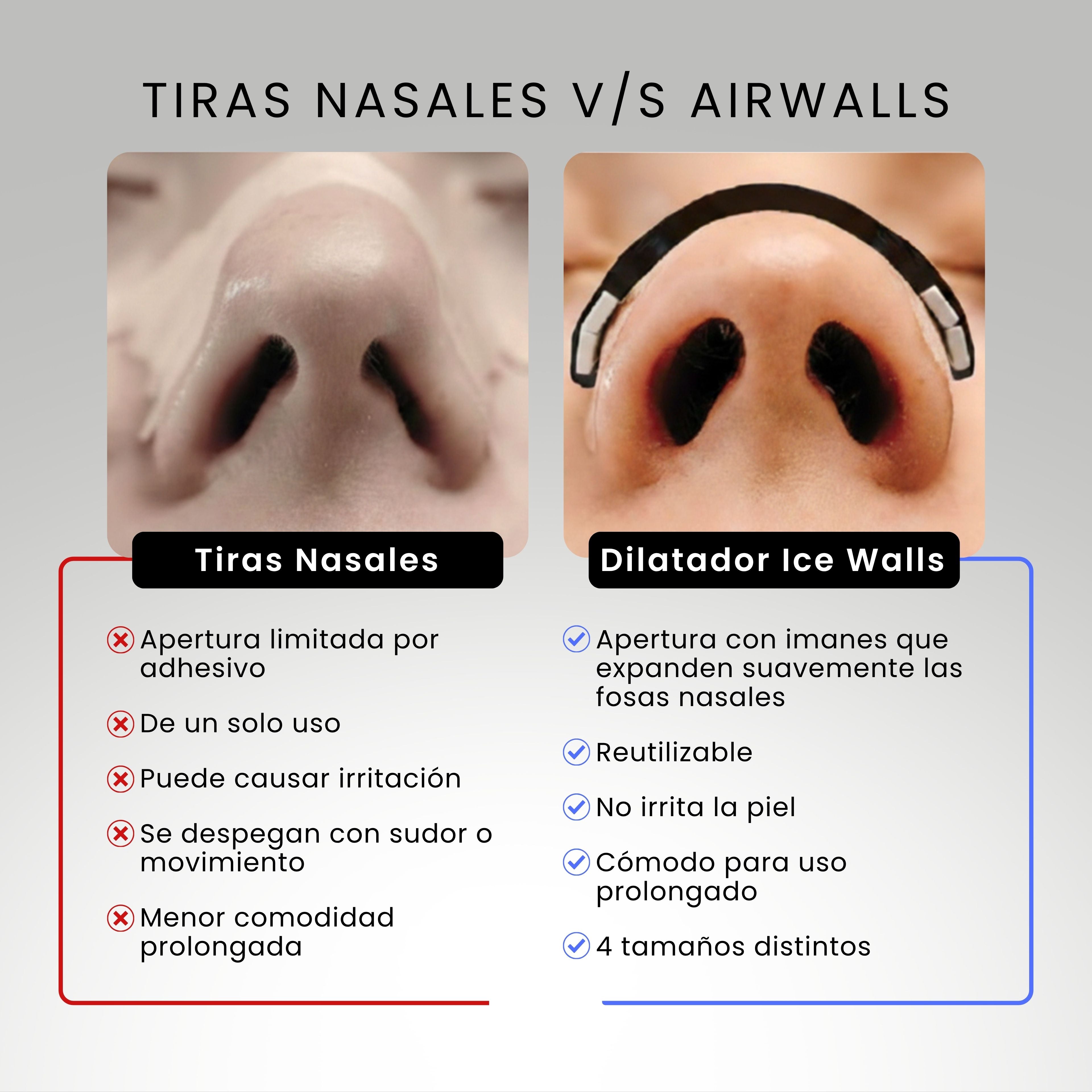 Comparación entre tiras nasales comunes y dilatador nasal magnético Ice Walls mostrando mayor apertura nasal y comodidad