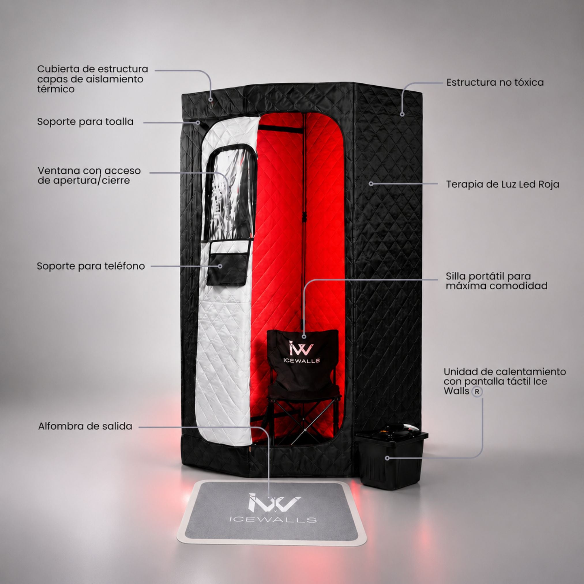 Sauna portátil Ice Walls para uso en casa con terapia de luz roja, panel de calefacción digital, estructura aislante de alta calidad y accesorios incluidos para recuperación y bienestar.