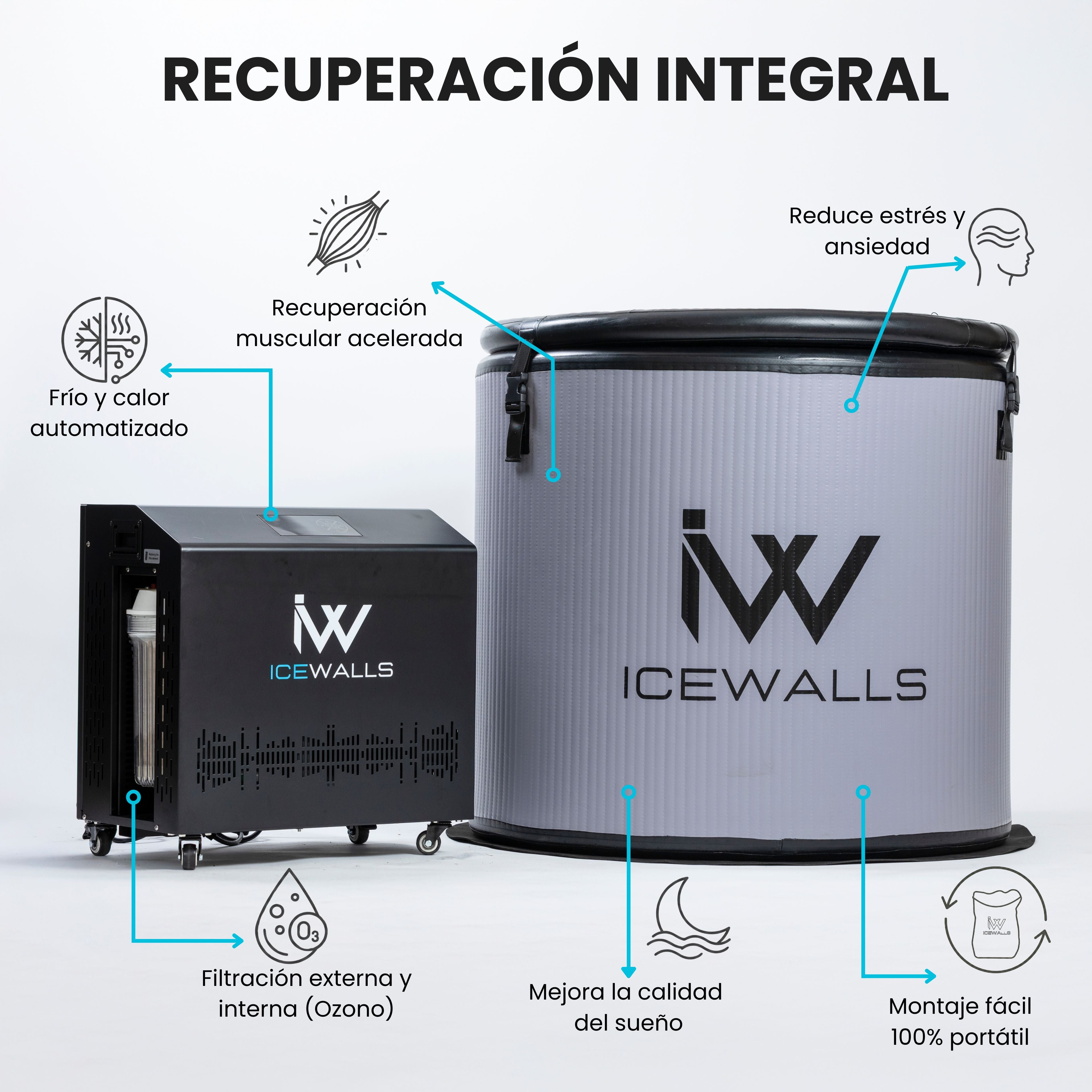 Tina Ice Walls de recuperación integral con frío y calor automatizado, filtración con ozono, mejora del sueño y reducción del estrés