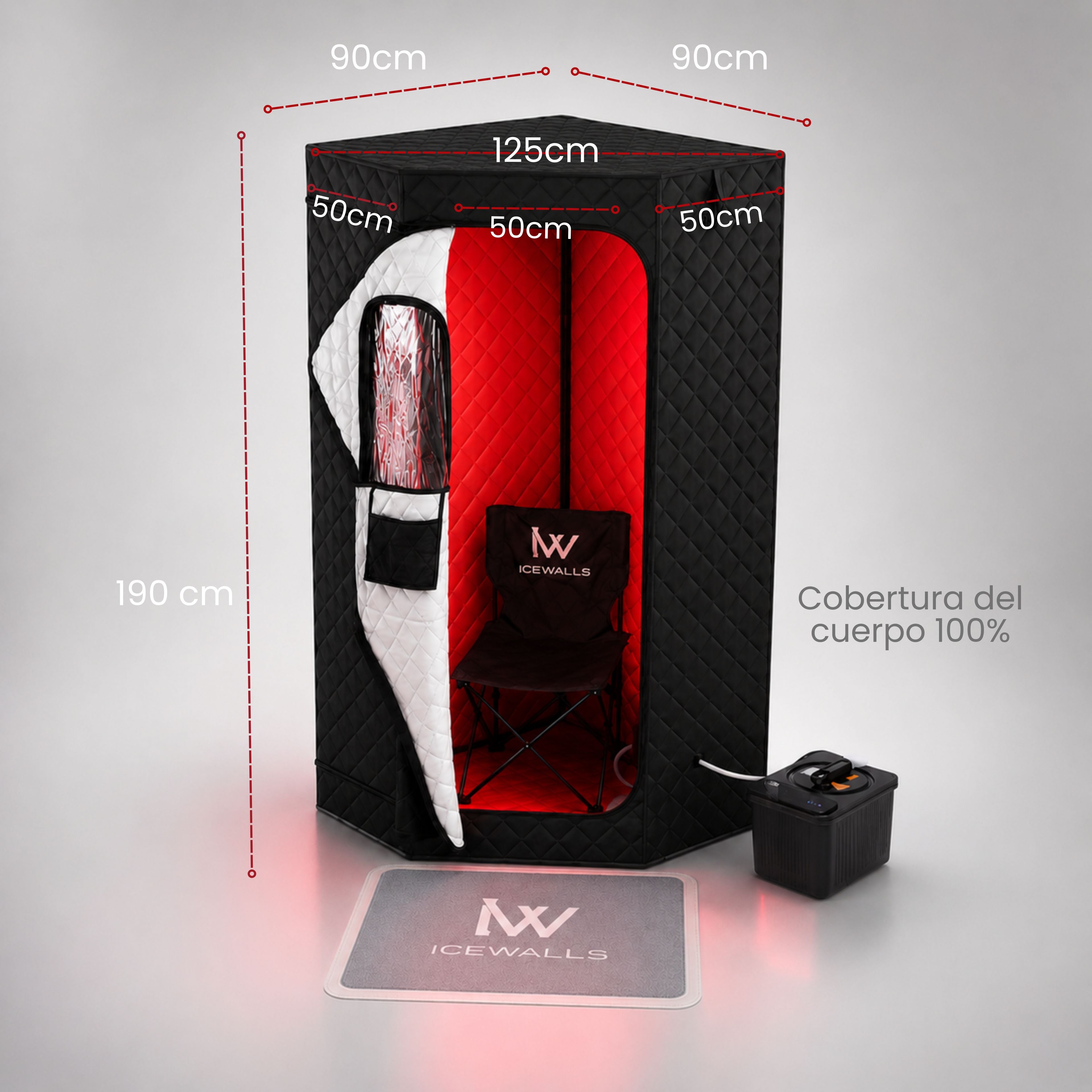 Sauna portátil infrarrojo Ice Walls con luz LED roja, estructura térmica de múltiples capas, ventana transparente, unidad de calefacción digital y alfombra antideslizante.