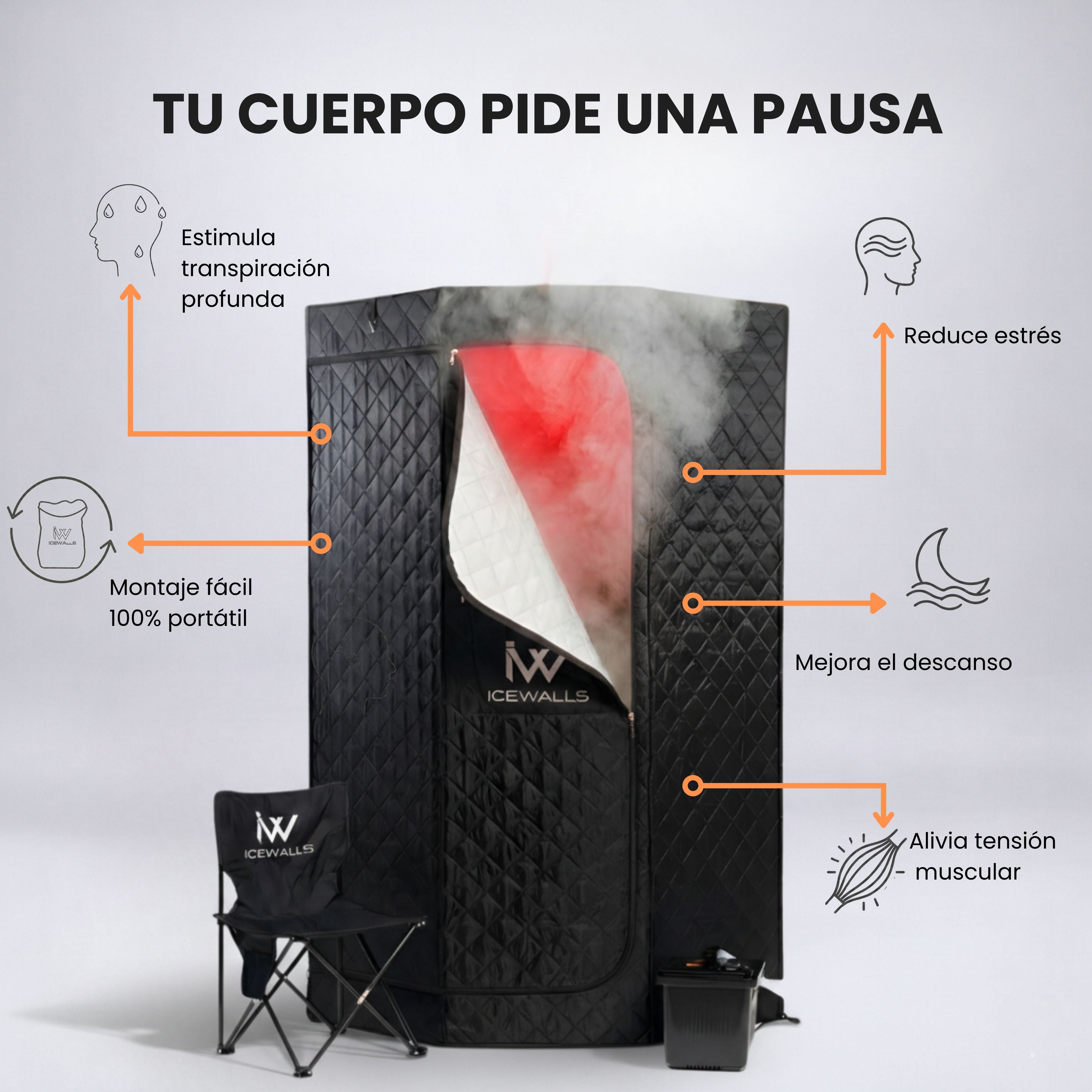 Sauna portátil Ice Walls diseñado para aliviar tensión muscular, reducir el estrés y mejorar el descanso a través de calor terapéutico, estimulando la transpiración profunda y permitiendo una experiencia de relajación completa en casa, con montaje fácil y diseño 100% portátil.