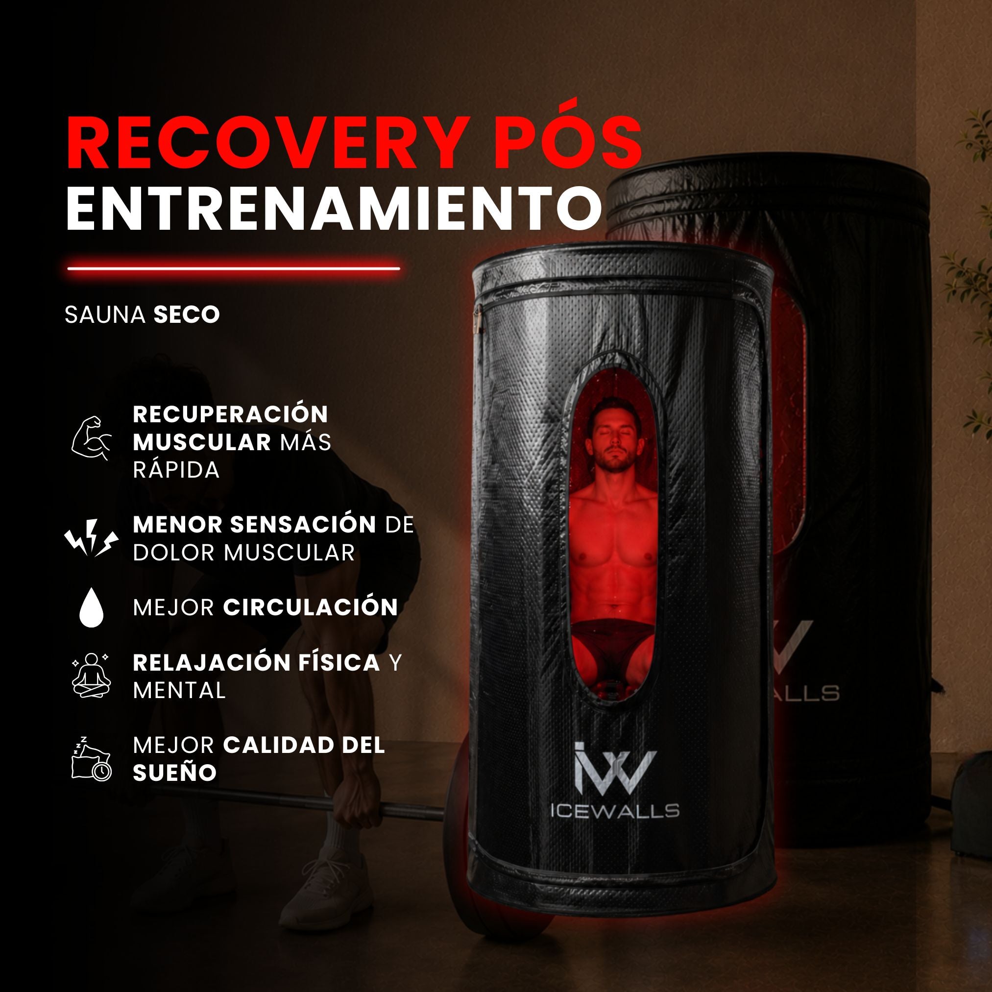 Sauna seco infrarrojo portátil Ice Walls con estructura térmica premium, terapia de luz roja y temperatura regulable.